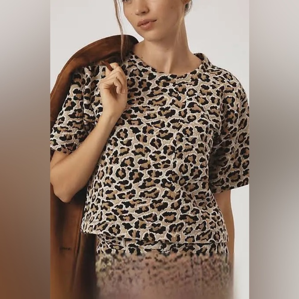 Anthropologie Leopard Print Short Sleeve Tee in Tan, Black, Cream